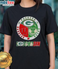 Happy Wisconsin City Sports tee featuring Green Bay Packers, Milwaukee Bucks, and Wisconsin Badgers logos for ladies.