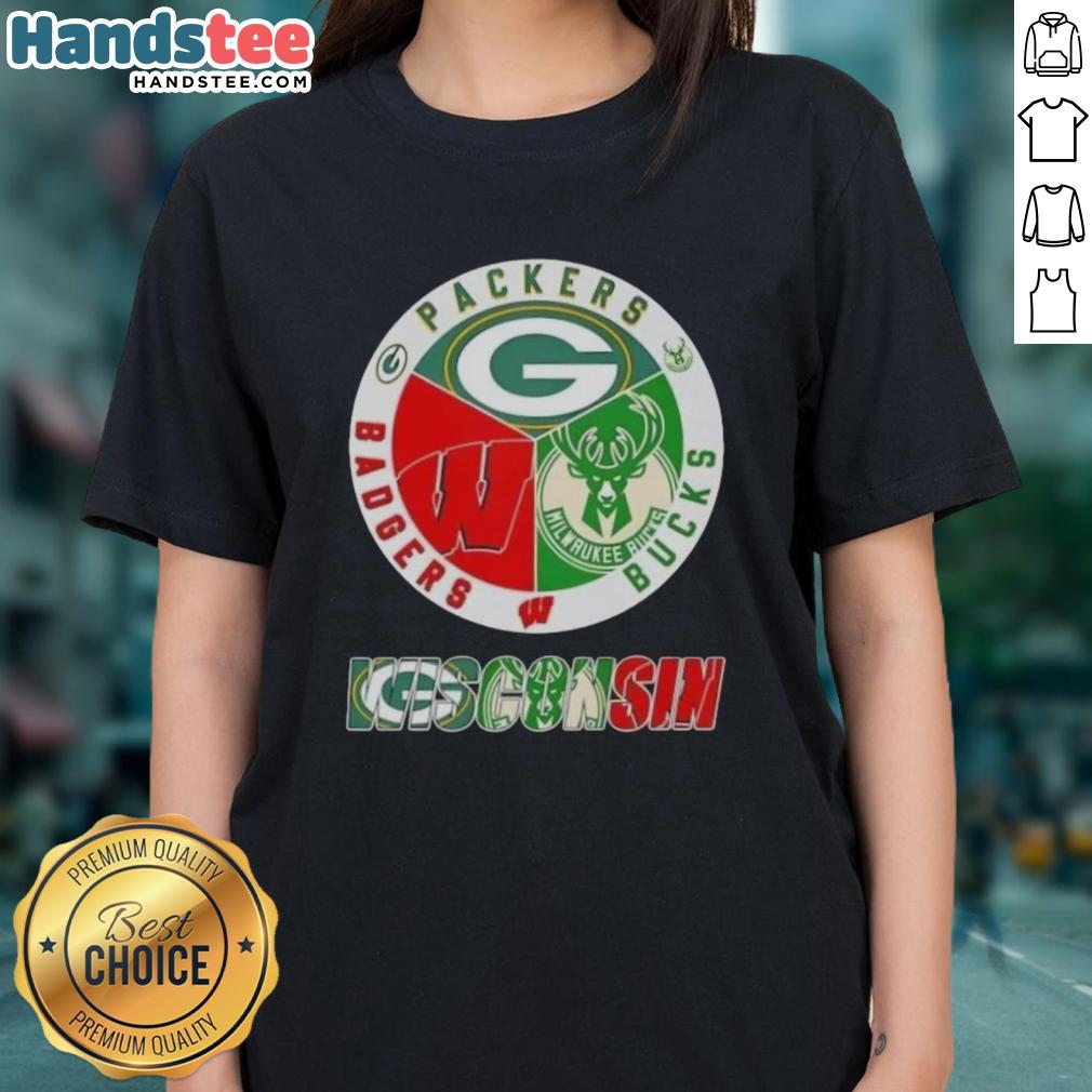 happy-wisconsin-city-sports-green-bay-packers-milwaukee-bucks-x-wisconsin-badgers-logo-ladies-tee Happy Wisconsin City Sports tee featuring Green Bay Packers, Milwaukee Bucks, and Wisconsin Badgers logos for ladies.