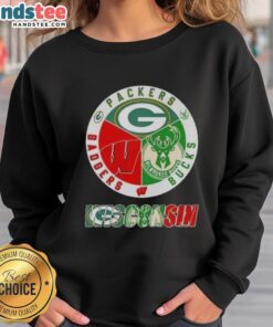 Stylish sweatshirt featuring logos of Green Bay Packers, Milwaukee Bucks, and Wisconsin Badgers for sports fans.