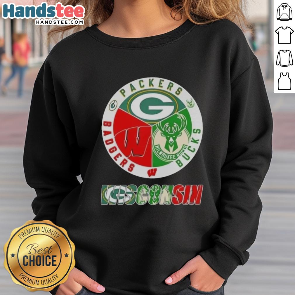 happy-wisconsin-city-sports-green-bay-packers-milwaukee-bucks-x-wisconsin-badgers-logo-sweatshirt Stylish sweatshirt featuring logos of Green Bay Packers, Milwaukee Bucks, and Wisconsin Badgers for sports fans.