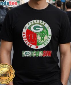 Happy Wisconsin City sports t-shirt featuring Green Bay Packers, Milwaukee Bucks, and Wisconsin Badgers logos.