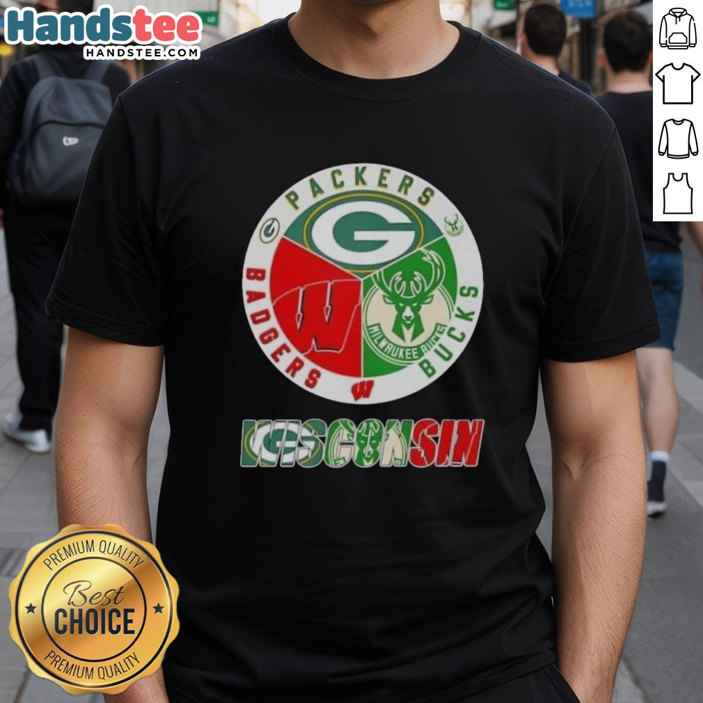 happy-wisconsin-city-sports-green-bay-packers-milwaukee-bucks-x-wisconsin-badgers-logo-t-shirt Happy Wisconsin City sports t-shirt featuring Green Bay Packers, Milwaukee Bucks, and Wisconsin Badgers logos.