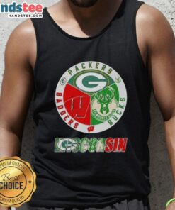 Happy Wisconsin City sports tank top featuring Green Bay Packers, Milwaukee Bucks, and Wisconsin Badgers logos.