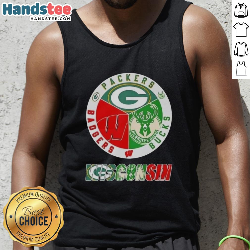 happy-wisconsin-city-sports-green-bay-packers-milwaukee-bucks-x-wisconsin-badgers-logo-tank-top Happy Wisconsin City sports tank top featuring Green Bay Packers, Milwaukee Bucks, and Wisconsin Badgers logos.