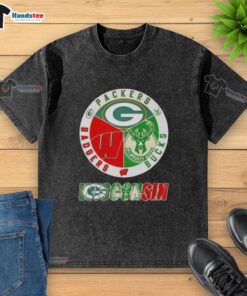 Happy Wisconsin City sports t-shirt featuring Green Bay Packers, Milwaukee Bucks, and Wisconsin Badgers logos.
