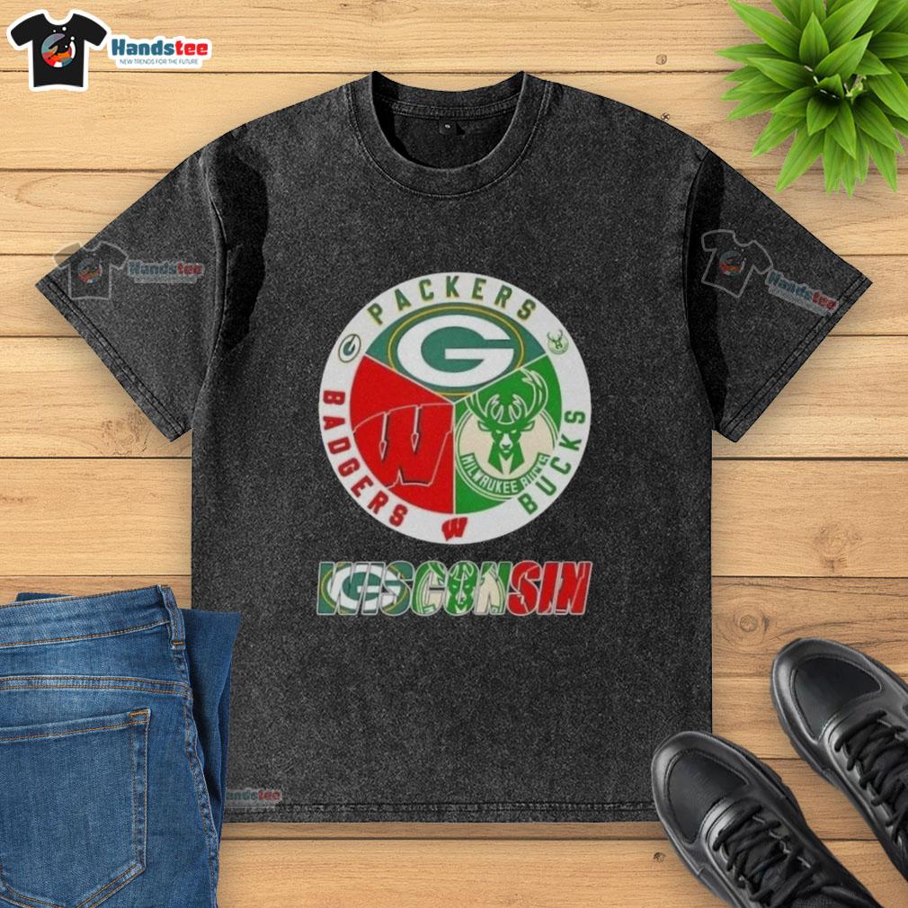 happy-wisconsin-city-sports-green-bay-packers-milwaukee-bucks-x-wisconsin-badgers-logo-washed-t-shirt Happy Wisconsin City sports t-shirt featuring Green Bay Packers, Milwaukee Bucks, and Wisconsin Badgers logos.
