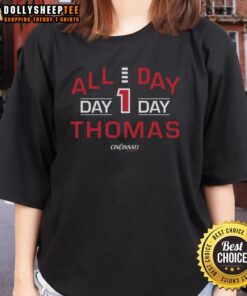 Hot All Day Day 1 Thomas Cincinnati Bearcats ladies tee in vibrant colors, perfect for fans showing team spirit.