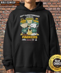 Green Bay Packers hoodie featuring Hot Charlie Brown and Snoopy for their 107th Anniversary, 1919-2026 skyline design.