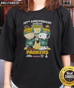 Hot Charlie Brown and Snoopy 107th Anniversary tee featuring Green Bay Packers skyline for ladies, celebrating 1919-2026.
