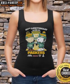 Alt Text: Hot Charlie Brown and Snoopy 107th Anniversary tank top featuring Green Bay Packers football skyline design.