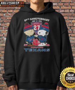 Alt Text: Hot Charlie Brown and Snoopy 27th Anniversary hoodie featuring Houston Texans football skyline design, 1999-2026.