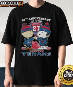 Hot Charlie Brown and Snoopy 27th Anniversary Houston Texans Football Skyline T-Shirt design for 1999-2026 celebration.