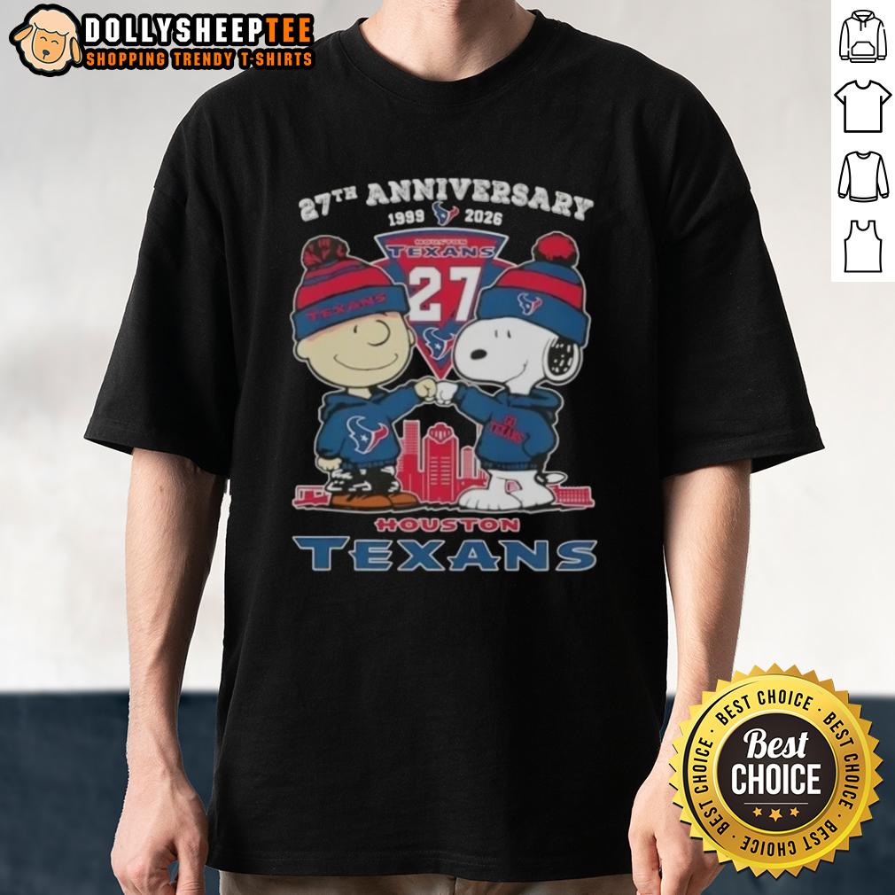 Hot Charlie Brown And Snoopy 27th Anniversary 1999 2026 Houston Texans Football Skyline T-Shirt Hot Charlie Brown and Snoopy 27th Anniversary Houston Texans Football Skyline T-Shirt design for 1999-2026 celebration.