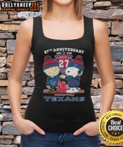 Hot Charlie Brown and Snoopy 27th Anniversary tank top featuring Houston Texans skyline, celebrating 1999-2026.