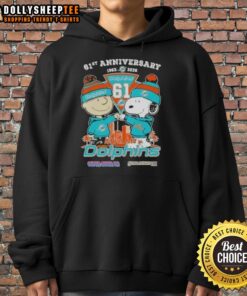 Alt Text: Hot Charlie Brown and Snoopy 61st Anniversary hoodie featuring Miami Dolphins football skyline design, 1965-2026.