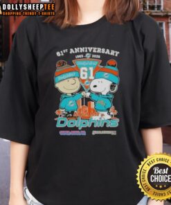 Alt Text: Hot Charlie Brown and Snoopy 61st Anniversary Miami Dolphins Football skyline ladies tee shirt design.