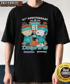 Hot Charlie Brown and Snoopy 61st Anniversary t-shirt featuring Miami Dolphins football skyline design, 1965-2026.
