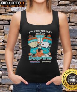 Hot Charlie Brown and Snoopy tank top celebrating 61st anniversary, featuring Miami Dolphins football skyline design.