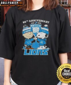Hot Charlie Brown and Snoopy 96th Anniversary tee featuring Detroit Lions football skyline design, perfect for fans.