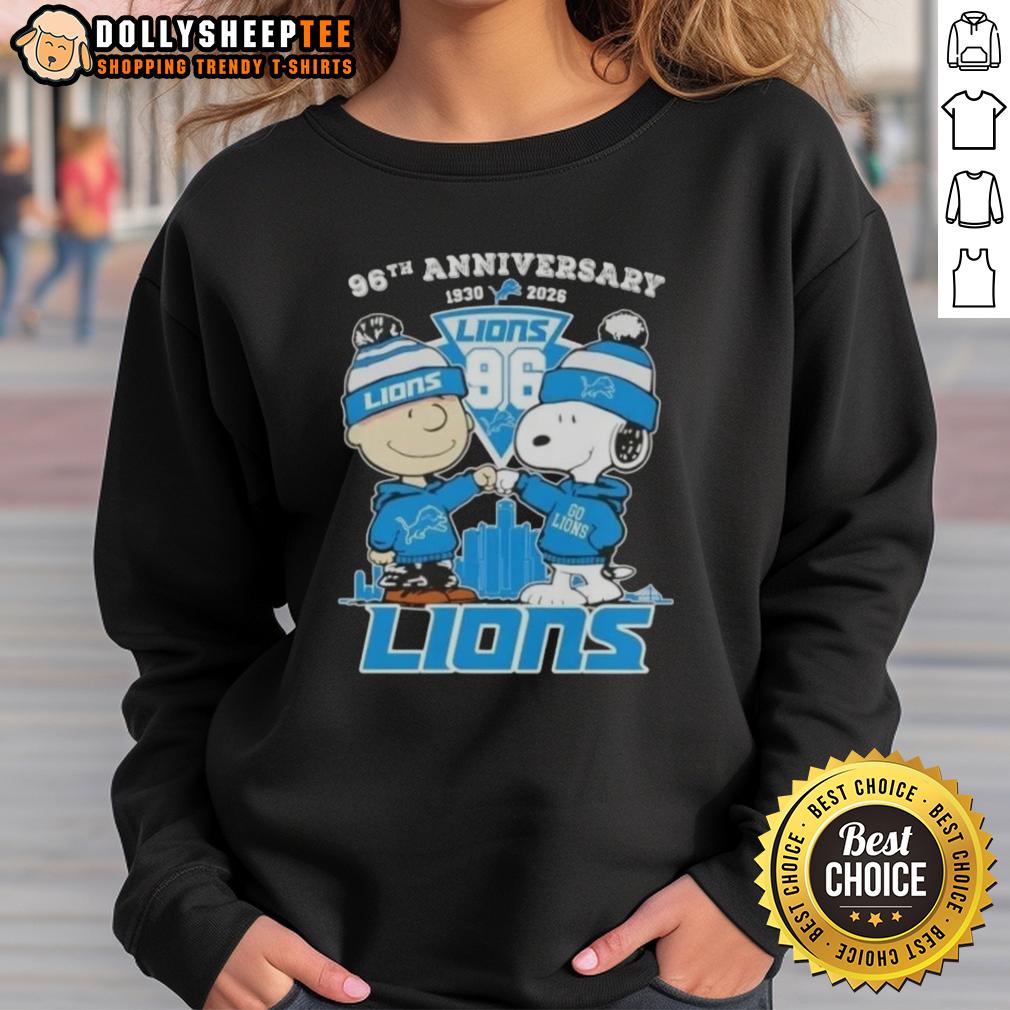 Hot Charlie Brown And Snoopy 96th Anniversary 1930 2026 Detroit Lions Football Skyline Sweatshirt Alt Text: Hot Charlie Brown and Snoopy 96th Anniversary sweatshirt for Detroit Lions football featuring skyline design.