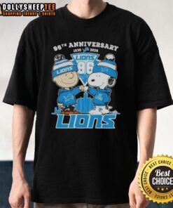 Hot Charlie Brown and Snoopy 96th Anniversary T-Shirt featuring Detroit Lions football skyline, 1930-2026.