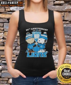 Alt Text: Hot Charlie Brown and Snoopy 96th Anniversary tank top featuring Detroit Lions football skyline design.