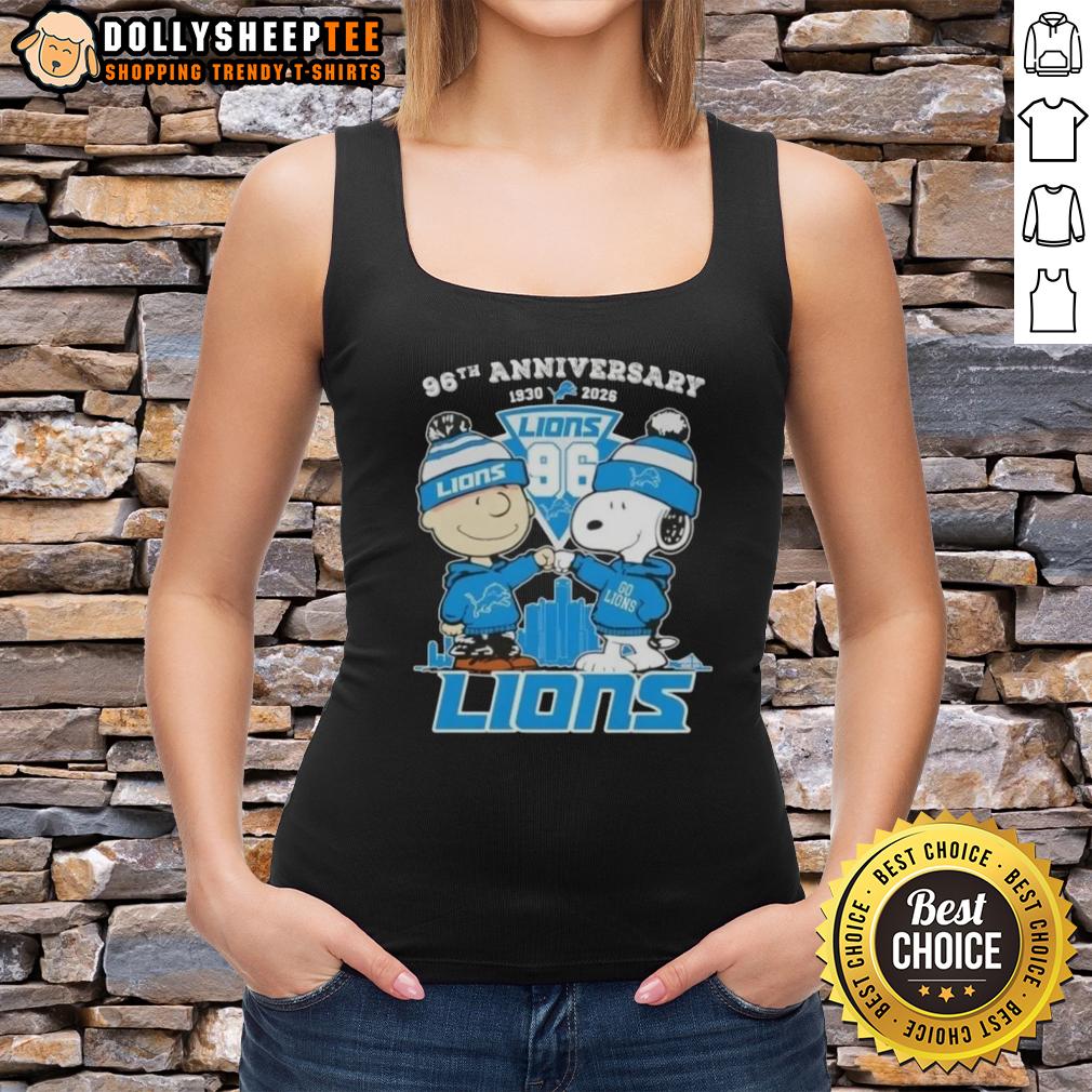 Hot Charlie Brown And Snoopy 96th Anniversary 1930 2026 Detroit Lions Football Skyline Tank Top Alt Text: Hot Charlie Brown and Snoopy 96th Anniversary tank top featuring Detroit Lions football skyline design.