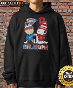 Alt Text: Hot Charlie Brown and Snoopy hoodie featuring Oklahoma City skyline, Sports Thunder, and Sooners logo.
