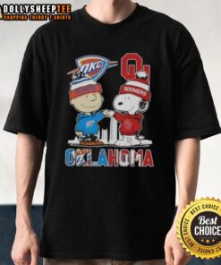Hot Charlie Brown and Snoopy Oklahoma City Sports Thunder X Sooners Skyline T-Shirt featuring vibrant graphics and colors.
