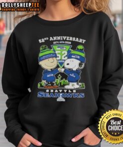 Alt Text: Hot Charlie Brown and Snoopy Super Bowl 52nd Anniversary sweatshirt featuring Seattle Seahawks skyline design.