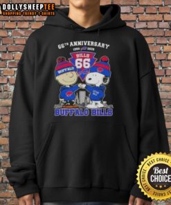 Hot Charlie Brown and Snoopy Super Bowl 66th Anniversary hoodie featuring Buffalo Bills football skyline design.