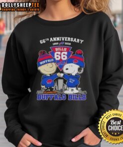 Alt Text: Hot Charlie Brown and Snoopy Super Bowl 66th Anniversary sweatshirt featuring Buffalo Bills skyline design.