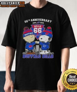 Hot Charlie Brown and Snoopy Super Bowl 66th Anniversary T-Shirt featuring Buffalo Bills football skyline design.