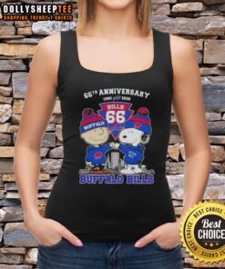 Alt Text: Hot Charlie Brown and Snoopy celebrate Super Bowl 66th Anniversary with Buffalo Bills football skyline tank top.