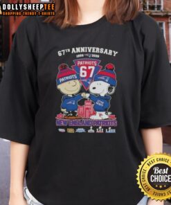 Hot Charlie Brown and Snoopy Super Bowl 67th Anniversary Tee featuring New England Patriots football skyline design.