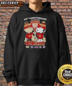 Alt Text: Hot Charlie Brown and Snoopy hoodie celebrating 82nd Super Bowl anniversary, featuring San Francisco 49ers skyline design.