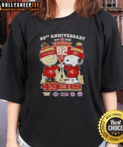 Alt Text: Hot Charlie Brown and Snoopy Super Bowl 82nd Anniversary tee featuring San Francisco 49ers football skyline design.