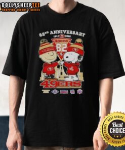 Hot Charlie Brown and Snoopy Super Bowl 82nd Anniversary T-Shirt featuring San Francisco 49ers football skyline design.