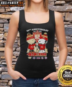Alt Text: Hot Charlie Brown and Snoopy Super Bowl tank top celebrating 82nd anniversary 1944-2026 with San Francisco 49ers skyline.