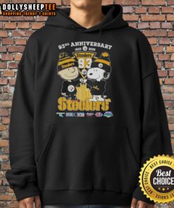 Alt Text: Hot Charlie Brown and Snoopy Super Bowl 93rd Anniversary hoodie featuring Pittsburgh Steelers skyline design.