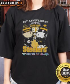 Hot Charlie Brown and Snoopy Super Bowl tee celebrating 93rd anniversary 1933-2026 with Pittsburgh Steelers skyline design.