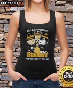 Hot Charlie Brown and Snoopy Super Bowl tank top celebrating 93rd anniversary 1933-2026, featuring Pittsburgh Steelers skyline.