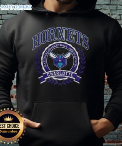 Alt Text: Retro hoodie featuring the Charlotte Hornets NBA logo framed with a laurel wreath design, perfect for fans.
