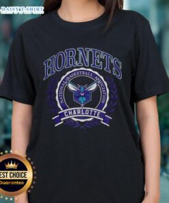 Retro Charlotte Hornets NBA logo in a laurel wreath frame on a ladies' tee, perfect for basketball fans.