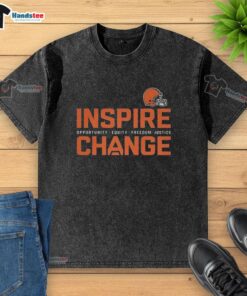 Hot Cleveland Browns T-shirt promoting change, opportunity, equity, freedom, and justice in football culture.