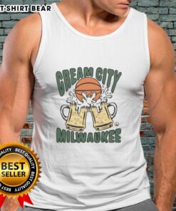 Stylish Hot Cream City Milwaukee tank top displayed on a hanger, perfect for summer fashion and local pride.