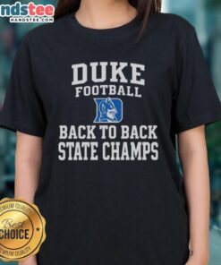 Duke Blue Devils football ladies tee celebrating back-to-back state champions with vibrant team colors and logo.