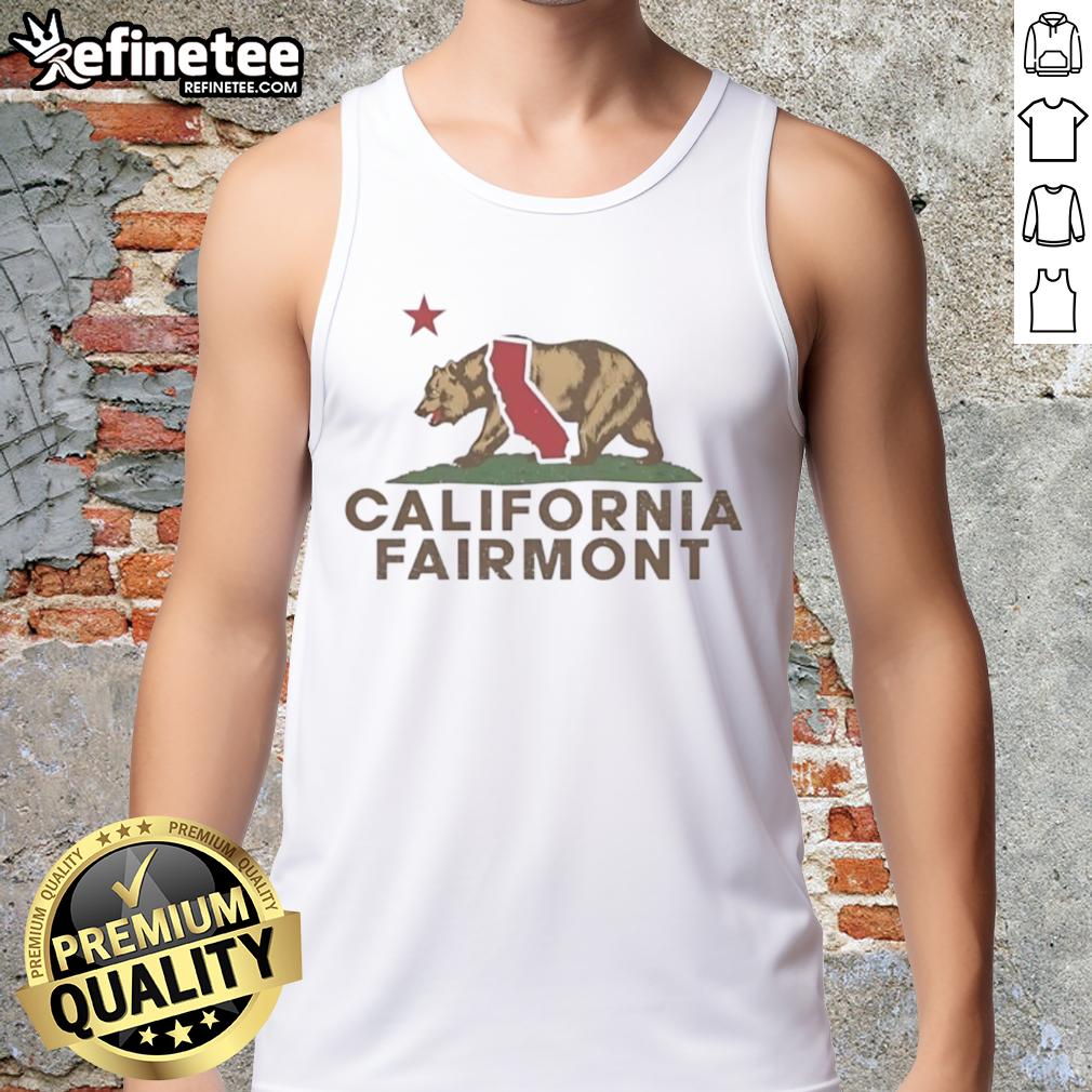hot-fairmont-california-bear-california-republic-flag-style-tank-top Alt Text: Stylish Hot Fairmont California Bear tank top featuring California Republic flag design for trendy casual wear.