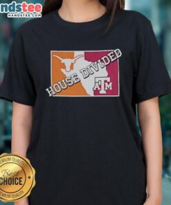Hot House Divided Texas Longhorns vs Texas A&M Aggies ladies tee featuring team logos and vibrant colors for game day.
