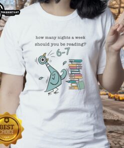 Hot 'How Many Nights A Week Should You Be Reading' tee featuring Pigeon, Elephant, Piggie characters for kids.
